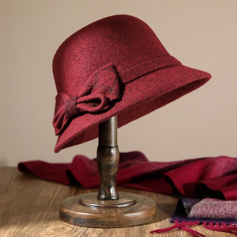 Autumn and winter mother hat mature women's wool woolen bow fashion top hat retro dome thermos hat