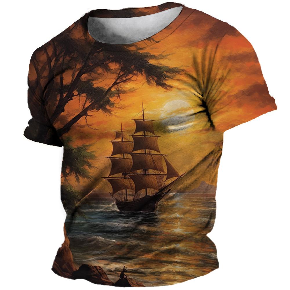 Vintage T-Shirts Guitar Sailboat 3D Printed Streetwear Men Short Sleeve T Shirt