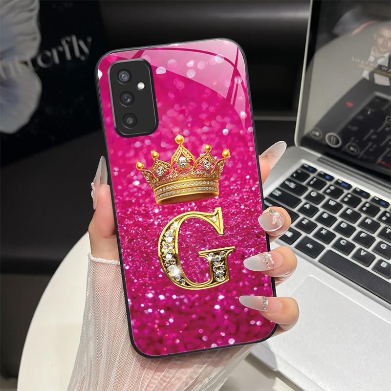 For Samsung M52 5G Case Galaxy M14 SM-M526B SM-M146B Phone Case ShockProof Fashion Initial Letter Hard Tempered Glass Back Cover
