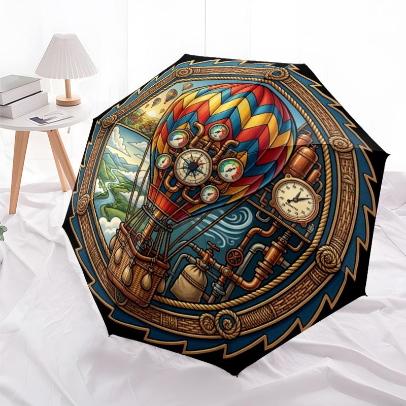 Steampunk Heißluftballon Reise Muster Regenschirm, tragbares und faltbares Design, 8 Speichen, ein lässiges Accessoire für Geburtstagsgeschenke von Freunden.