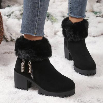 Sapatos de Inverno Femininos de Salto Quadrado Fivela Clássica Quente Pelúcia Neve Botas Femininas Salto Alto Plataforma Preta Botins de Tornozelo