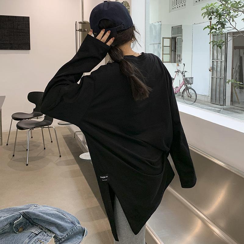 Women's Solid Color Split Long-Sleeved T-Shirt Korean Spring Autumn Ladies Casual Loose Tops Bottoming White Shirts