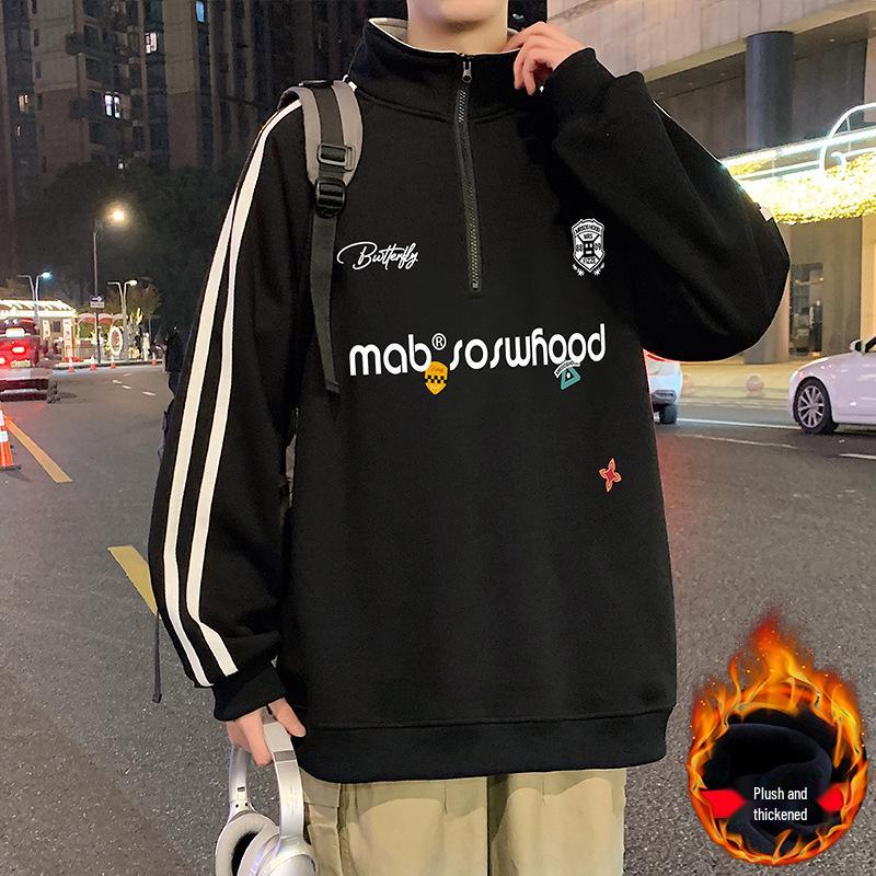 

Men s Trendy Velvet-Lined Stand-up Collar Hoodie, Autumn/Winter 2025, Long Sleeve Casual Jacket L