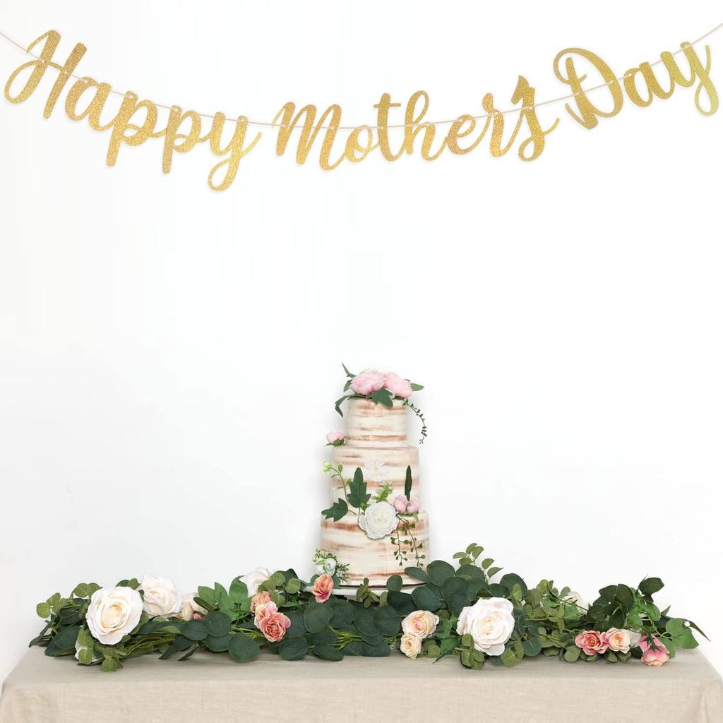 Happy Mother's Day Decorations Banner - NO DIY - Gold Glitter Mothers Day Party Supplies Decorations Backdrop Garland Love Decor for Mom Photo Props