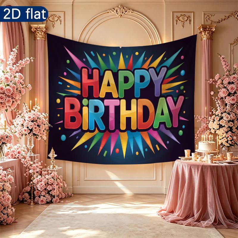 Balloons and Cake Happy Birthday Party Banner, Colorful Polyester Backdrop for Celebration & Photos