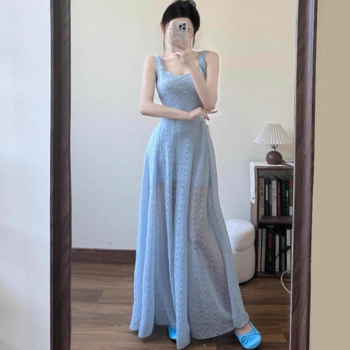 Elegant 2026 Women s Summer Blue A-line Dress with French Spaghetti Straps - Waist-Cinched for a Slimming Beach Vacation Look XL