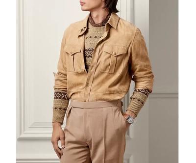 AL KHALID Stylish Men's Tan Handmade Casual Genuine Lambskin Soft Suede Leather Shirt