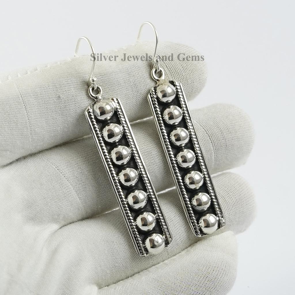 Handmade Sterling Silver Puffy Bar Earrings, Artisan Design