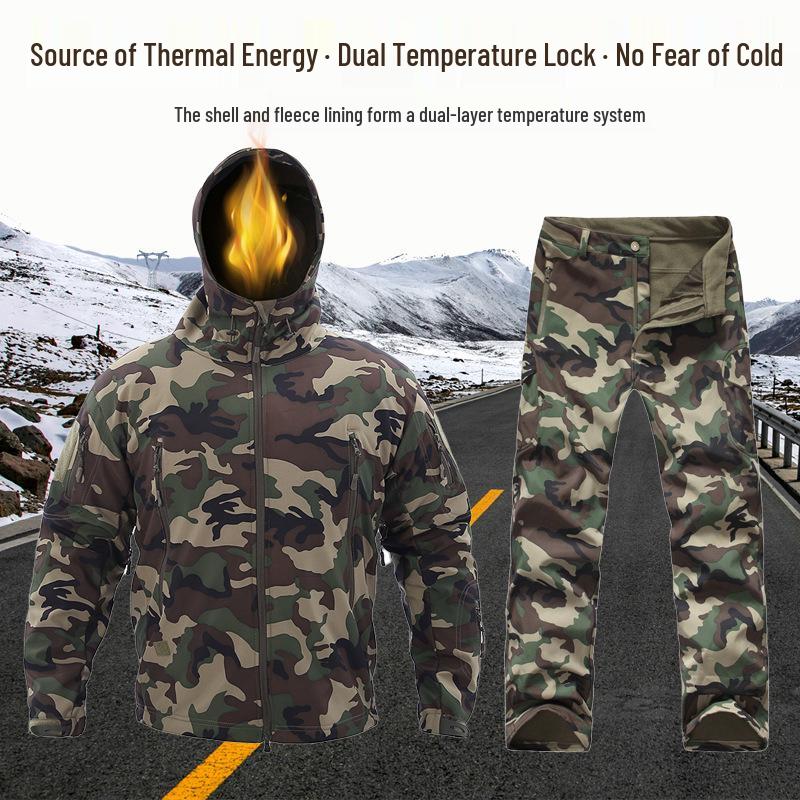 Alpha Green Tactical Sharkskin Waterproof Ski Suit: Camouflage Soft Shell Pants & Warm Fleece Set