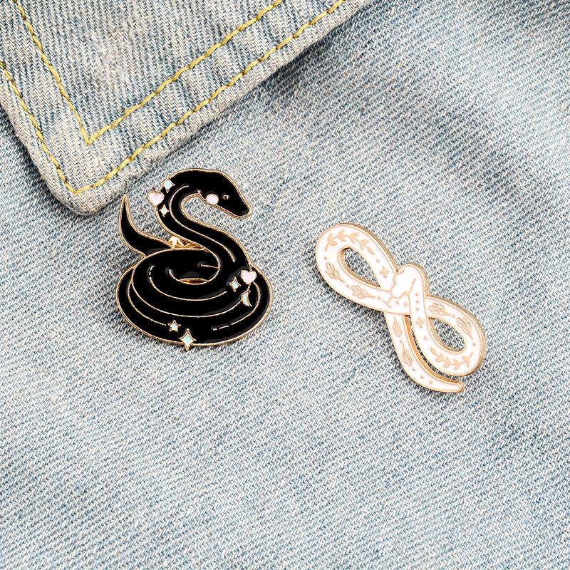 Black Snake White Enamel Pins Custom Myth Brooches Bag Clothes Lapel Pin Badge Animal Jewelry Gift For Kids Friends