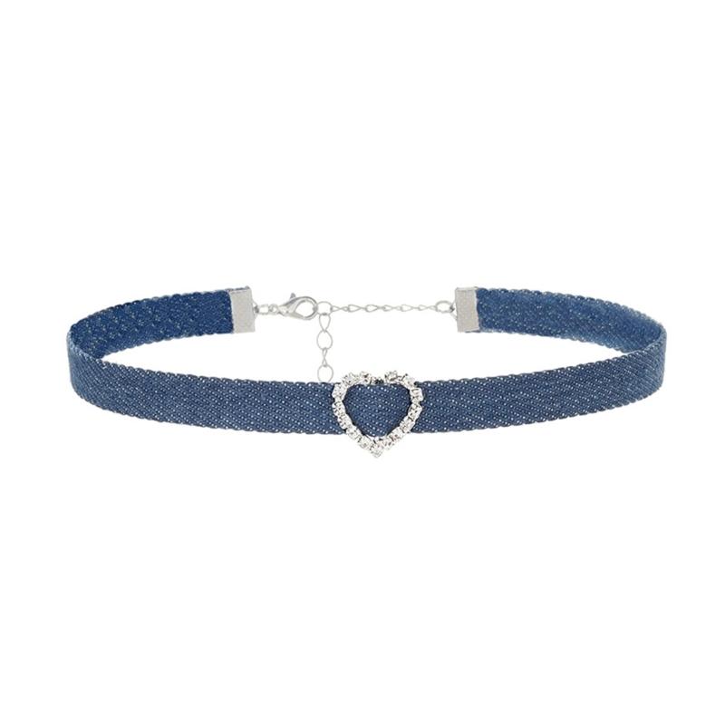 Modische Choker-Halskette aus Denim-Stoff für Damen, verstellbare Schlüsselbeinkette, Strass-Anhänger, Halsketten-Accessoire
