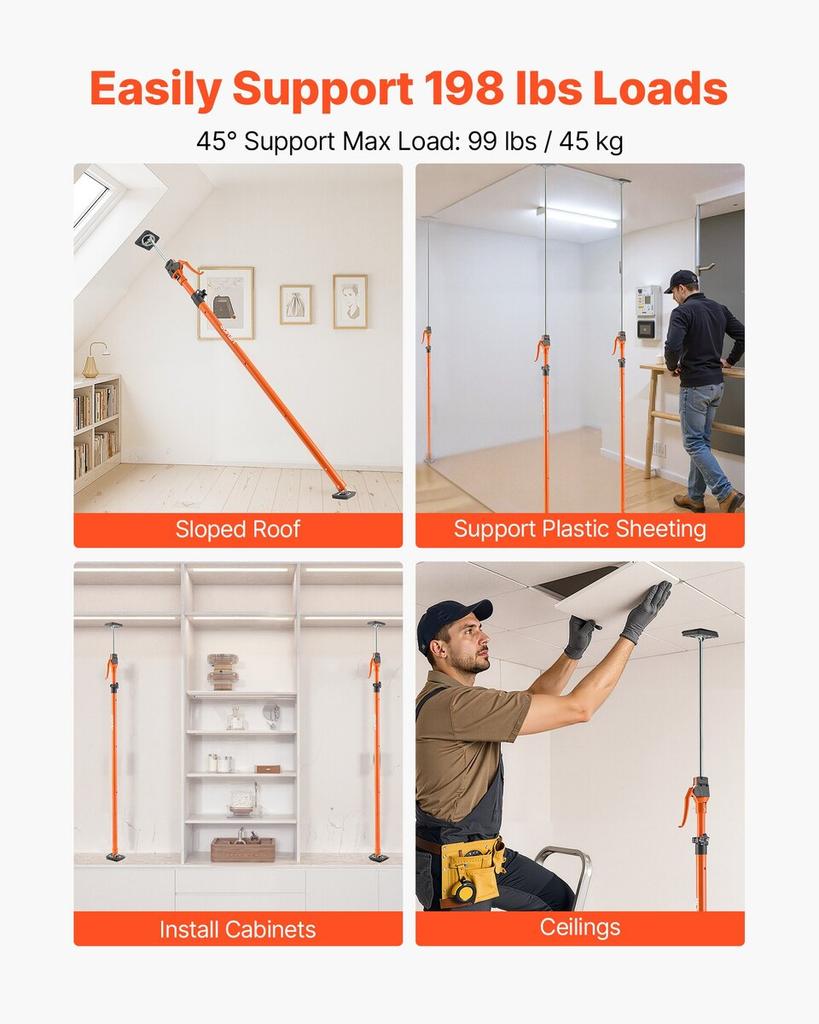Cabinet Jack Support Pole, 4-Pack, 125-291 cm Steel Telescopic Quick Support Rod, Adjustable 3rd Hand System up to 90 kg Capacity for Installing