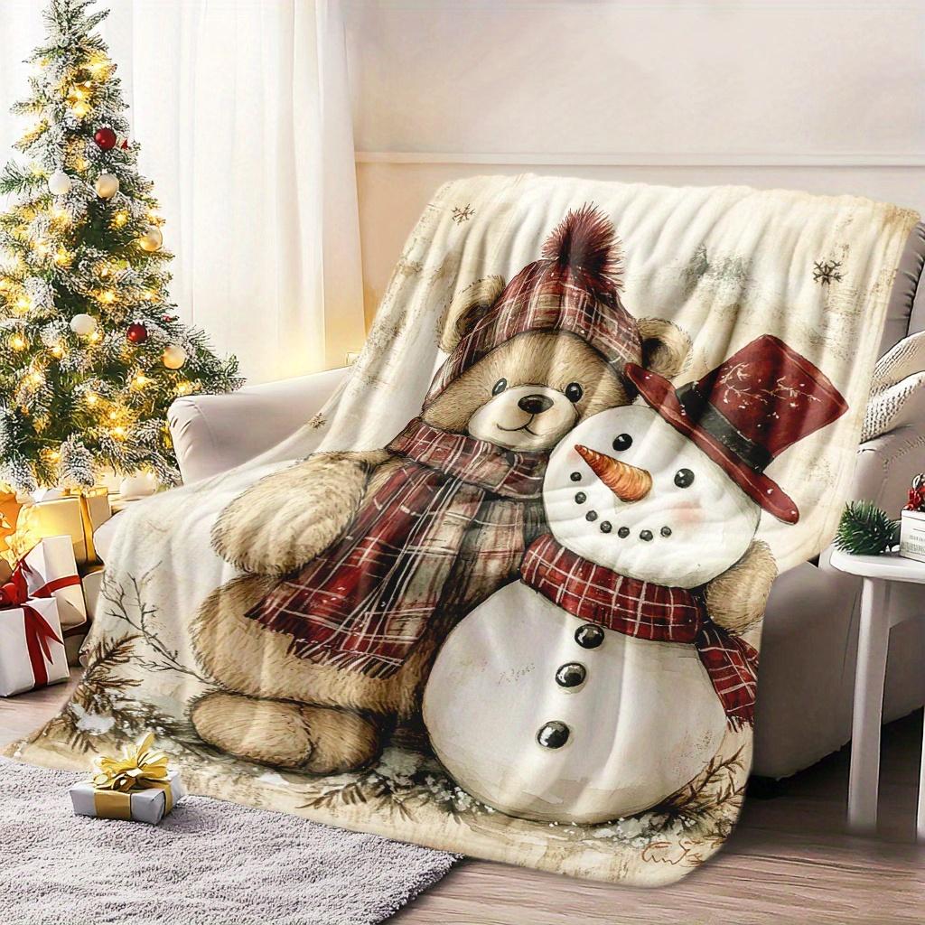 Weihnachtsdecke im Glam-Stil mit Schneemann und Teddybär - Weiches Strickpolyester, Maschinenwaschbar
