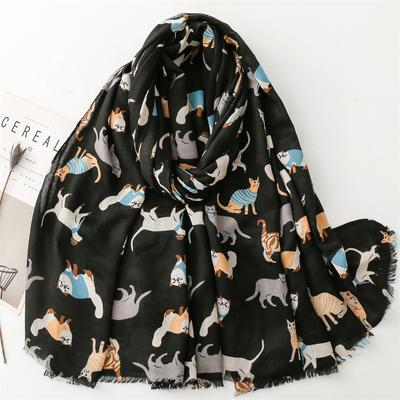 Bufanda de algodón y cáñamo con textura de otoño e invierno, bufanda de seda satinada con diseño de gato de dibujos animados, chal cálido para mujer