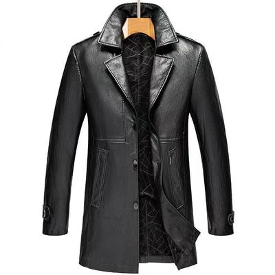 Herren Windbreaker Mittellang Echtes Leder: Anzugskragen, Mit Samt gefüttert, Warm, Business Casual Jacke für Herbst/Winter.