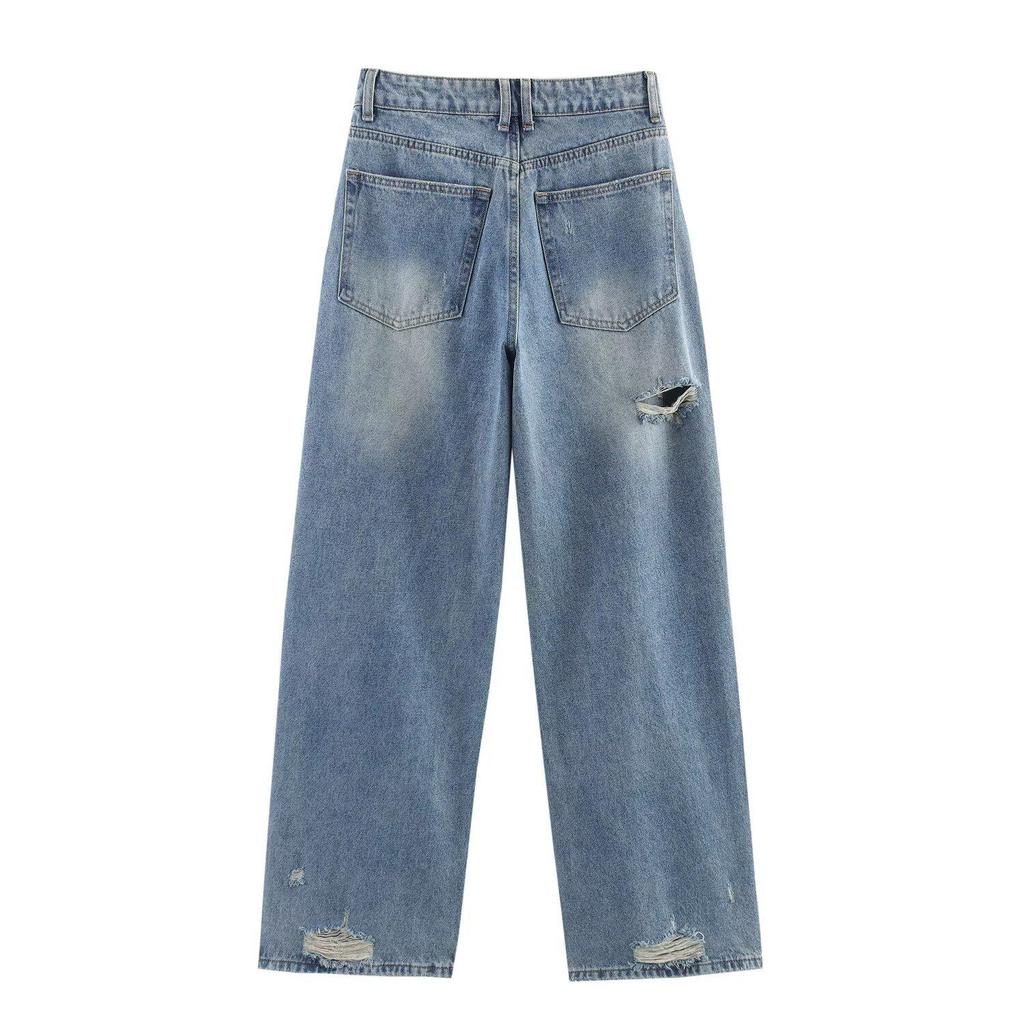 2025 Spring Women's Fashion Cotton Loose Ripped Straight Leg Jeans for a Slimming Look
