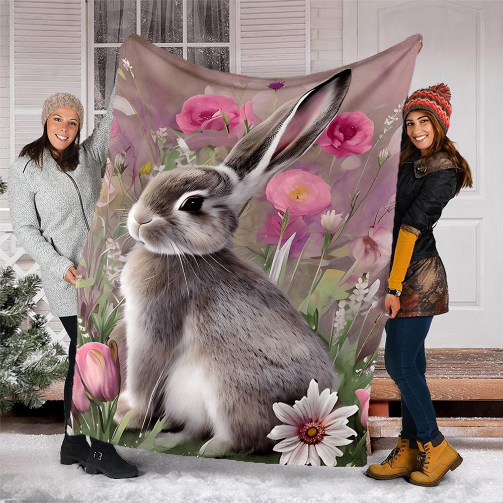 1pc Rabbit Flowers Outdoor Blanket - Soft Flannel Cozy for Travel & Camping - All-Season Warm Bed Cover, Machine Washable yy251229079