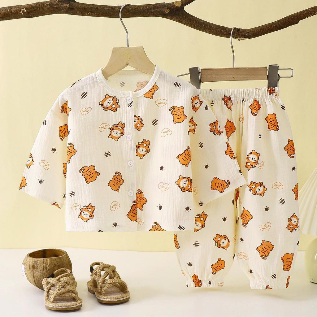 Children's Cotton Gauze Pajamas Set - Summer Long-Sleeve with Lantern Pants