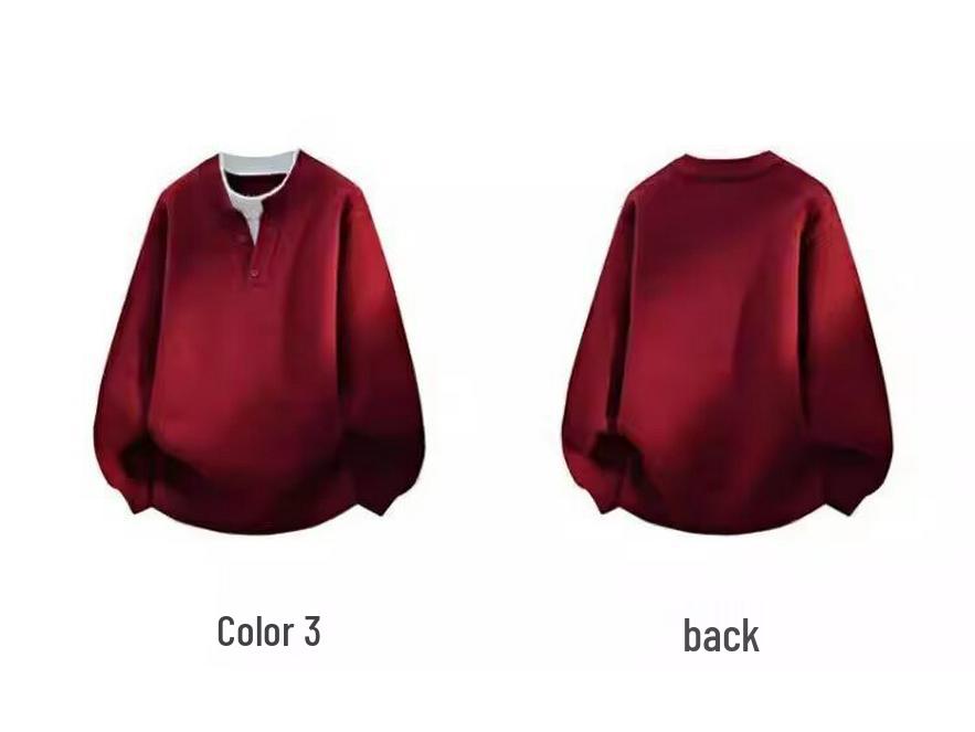 Men's Red Henley Collar V-Neck Two-Piece Knitwear Base Layer