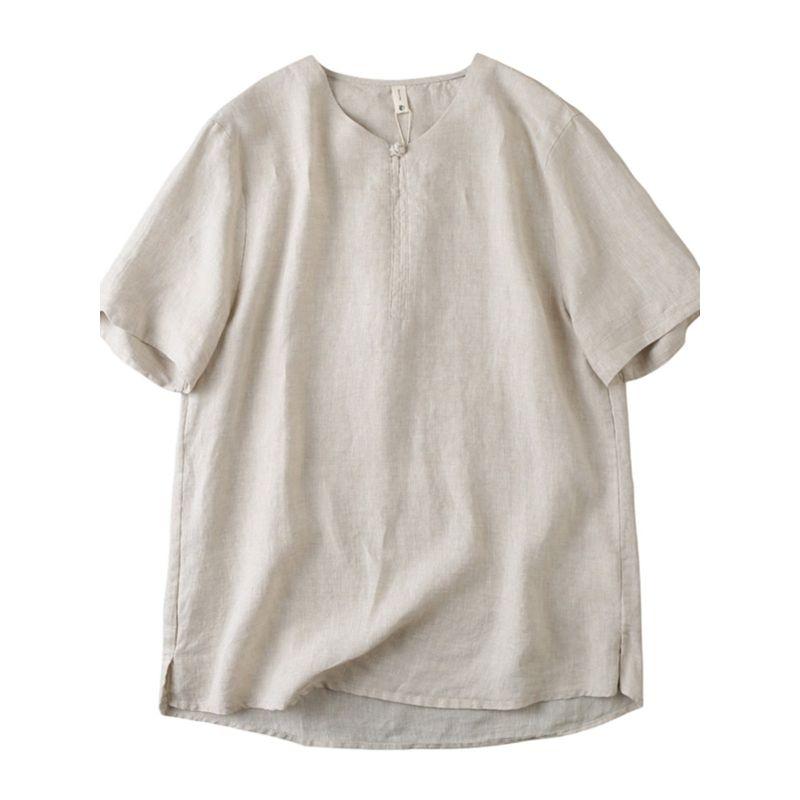 Japanese Style Order! Plaid Cold Feeling Antibacterial! Export Tail Goods Summer Men Pure Linen Breathable Short Sleeve T-shirt