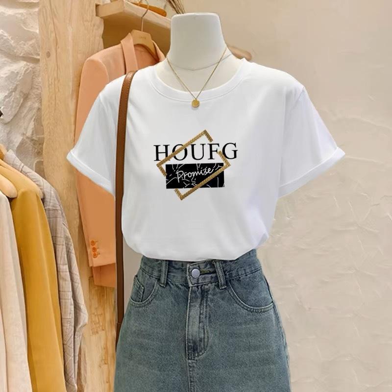 

Женская футболка с коротким рукавом из чистого хлопка с подплечниками, лето 2025, новая, свободного большого размера, повседневная модная белая футболка с принтом S