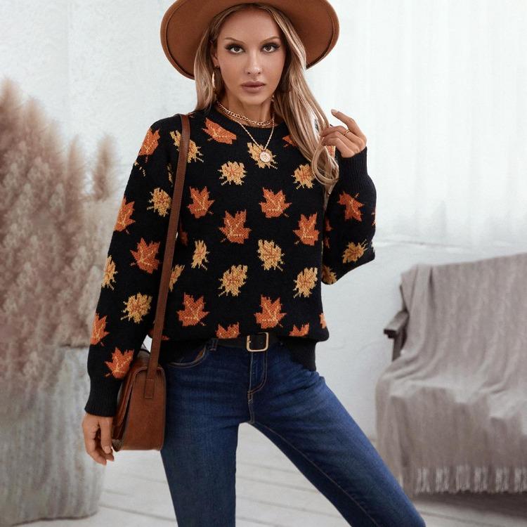 Lockerer Strickpullover Vintage Print Langarm Rundhalsausschnitt für Herbst Winter Pullover