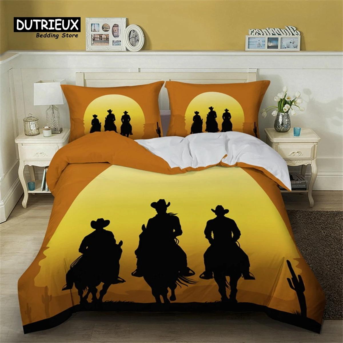 

Комплект постельного белья в винтажном стиле из микрофибры с изображением ковбоя из родео и быка, деревянный старый знак в стиле вестерн с изображением дикой природы на закате EU Single 135x200cm