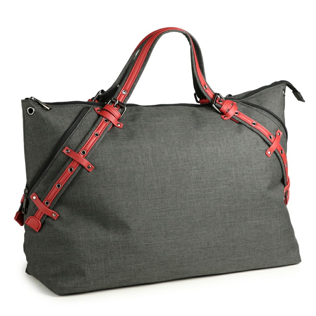 Pragma Lightweight & Large Capacity Nylon Boston Bag with 2-Way Shoulder Strap (Black x Red)