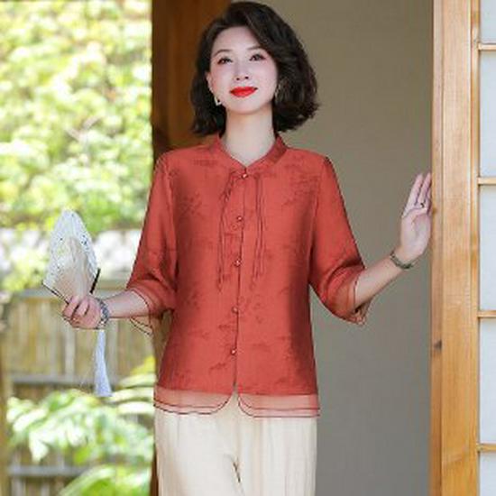 

2026 Summer Chinese Style Stand-Up Collar Mid-Sleeve Top for Mothers & Grandmothers 5XL (recommended 75-83 kg)