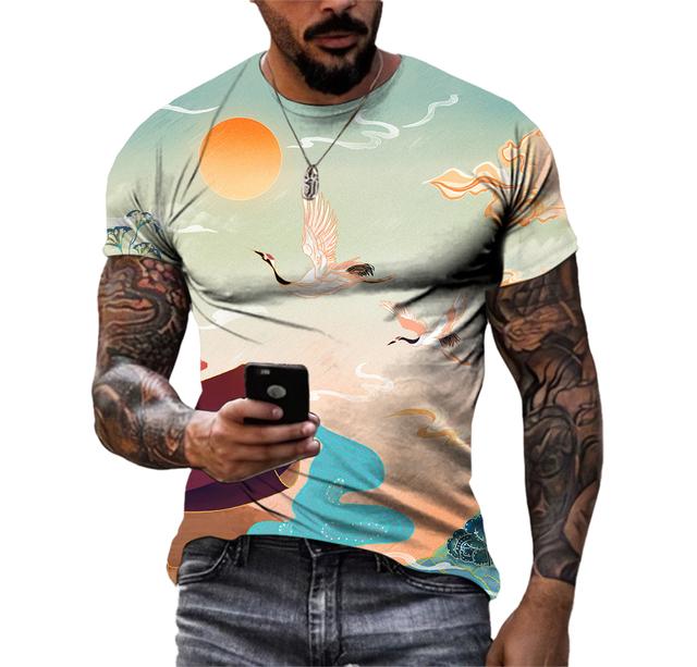 Piękne koszulki męskie z elementami chińskimi, casualowe, z nadrukiem HD 3D, wzorzyste, hip hopowe, Harajuku, z osobowością, z okrągłym dekoltem, z krótkim rękawem