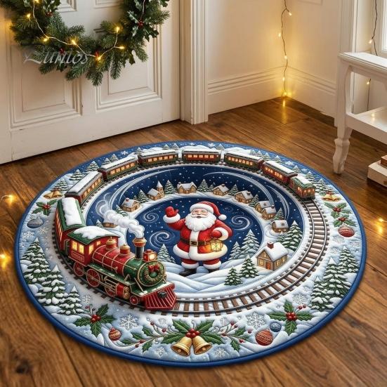 Indoor Decorative Floor Covering Round 3D Christmas Rug, Vortex Optical Illusion Area Santa Snowman Staircase Quiet Play Mat for Kids Depth