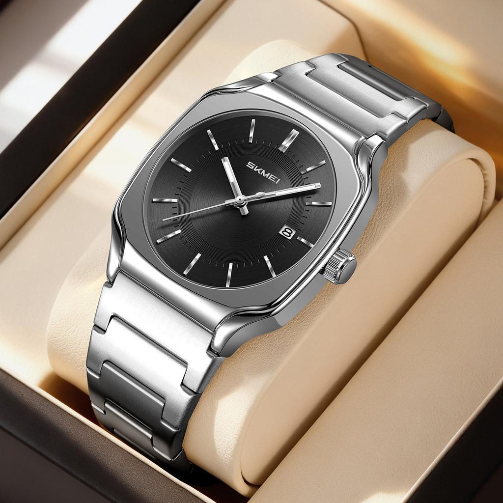 Mens Wristwatch Square Quartz Watches Waterproof, Date Function, Stainless Steel Band & Buckle