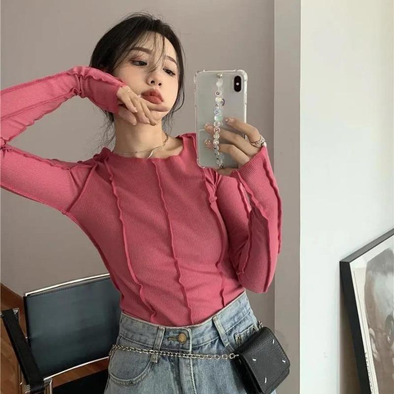 

2KWEIRD Korean Fashion Ribbed T-shirts Sexy Slim Long Sleeve Tshirts Chic Streetwear Kpop Designer Clothes Solid Tight Tops Y2k S рожевий