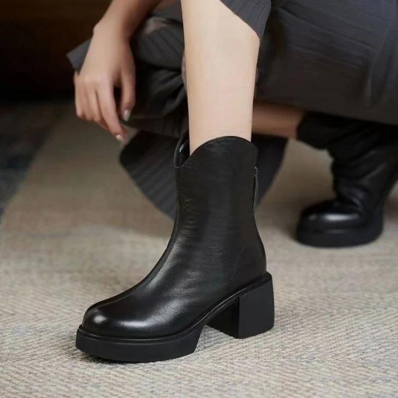 Fashion Booties Black Plain Zip Chunky Heel High Quality Woman Short Shoes Goth Boot On Offer Chic and Elegant Pu Ankle Boots for Women