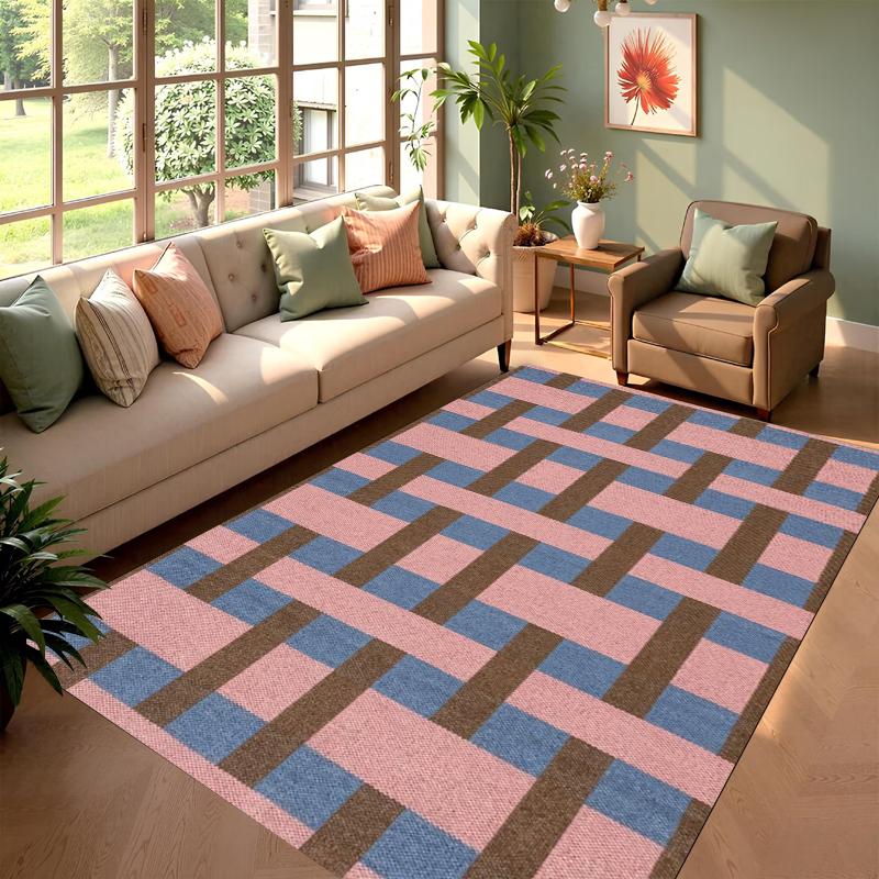

Minimalist Light Blue Red Checker Border Non-slip Soft Washable Area Rug for Living Room Bedroom Home Decoration 40x60cm