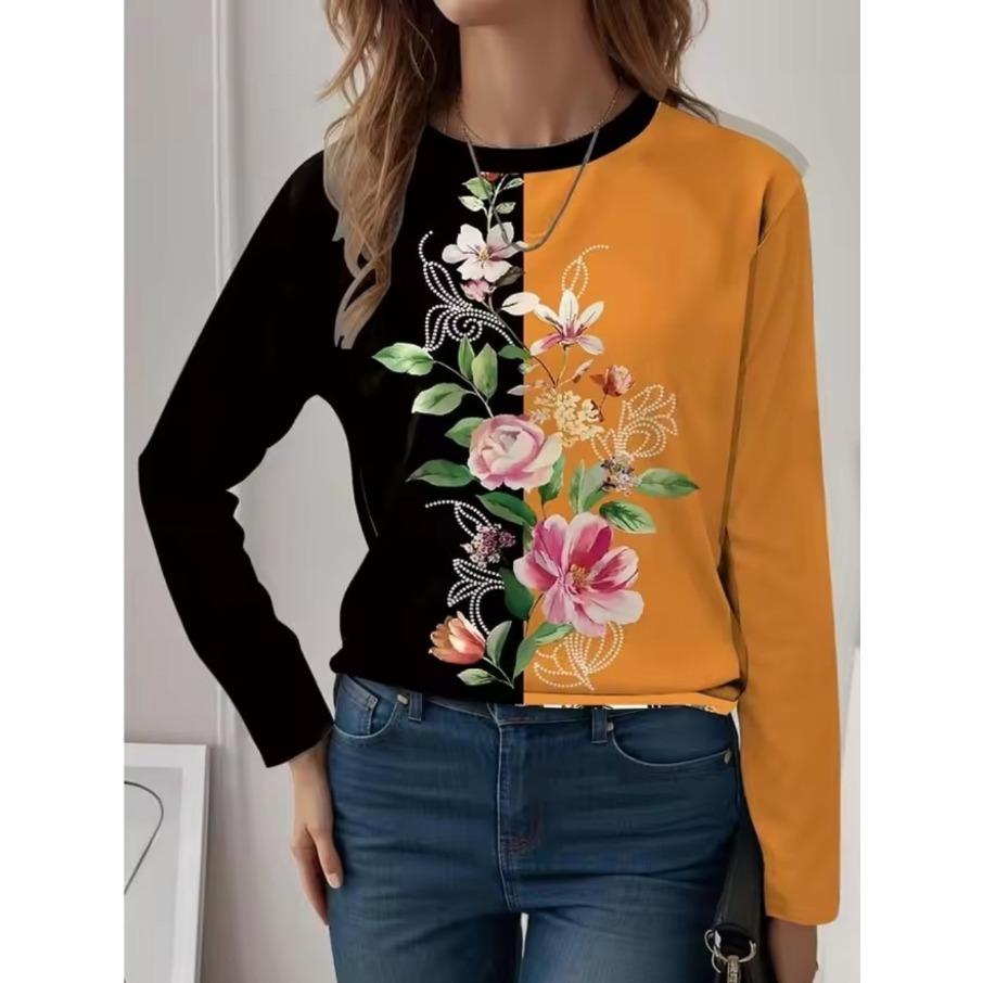 Damen Fashon Polyester Bequeme T-Shirts Sportlich Floral Kontrastfarbe 3D-Druck Locker Rundhalsausschnitt Langarm T-Shirt Top