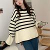 2025 autumn and winter loose tops fashion Korean women's crew neck pullover sweater stripe stitching knitting sweaters for women