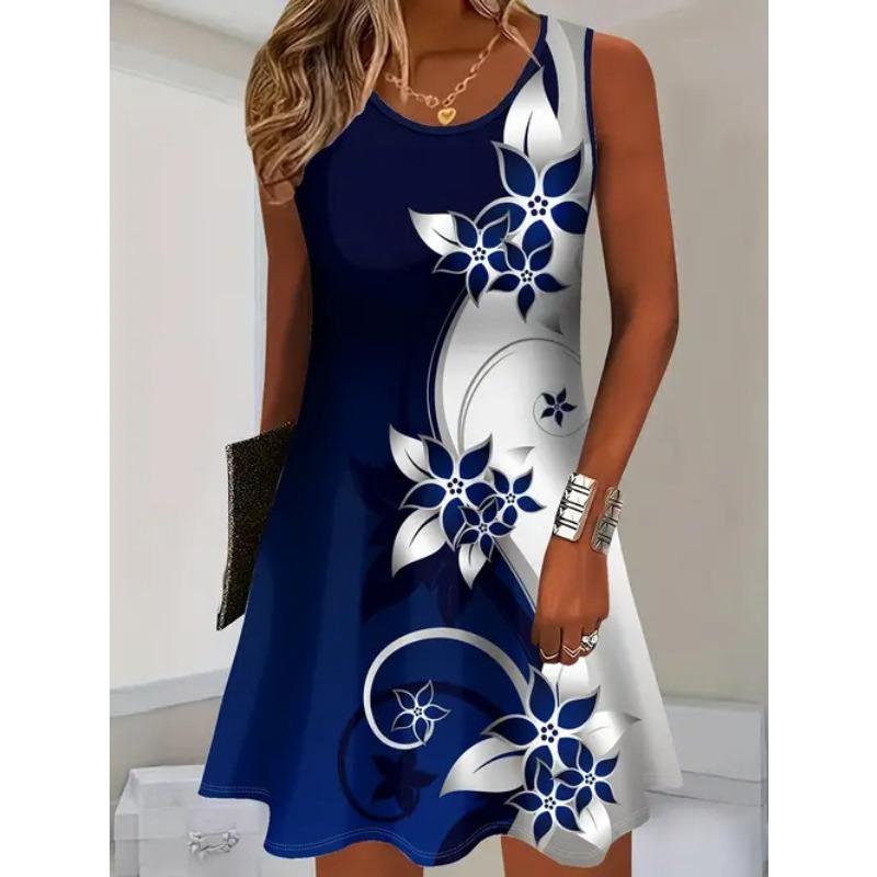 Plus Size Women's Dress Fashion 3D Plaid Print Sleeveless Elastic Round Neck Summer Dresses