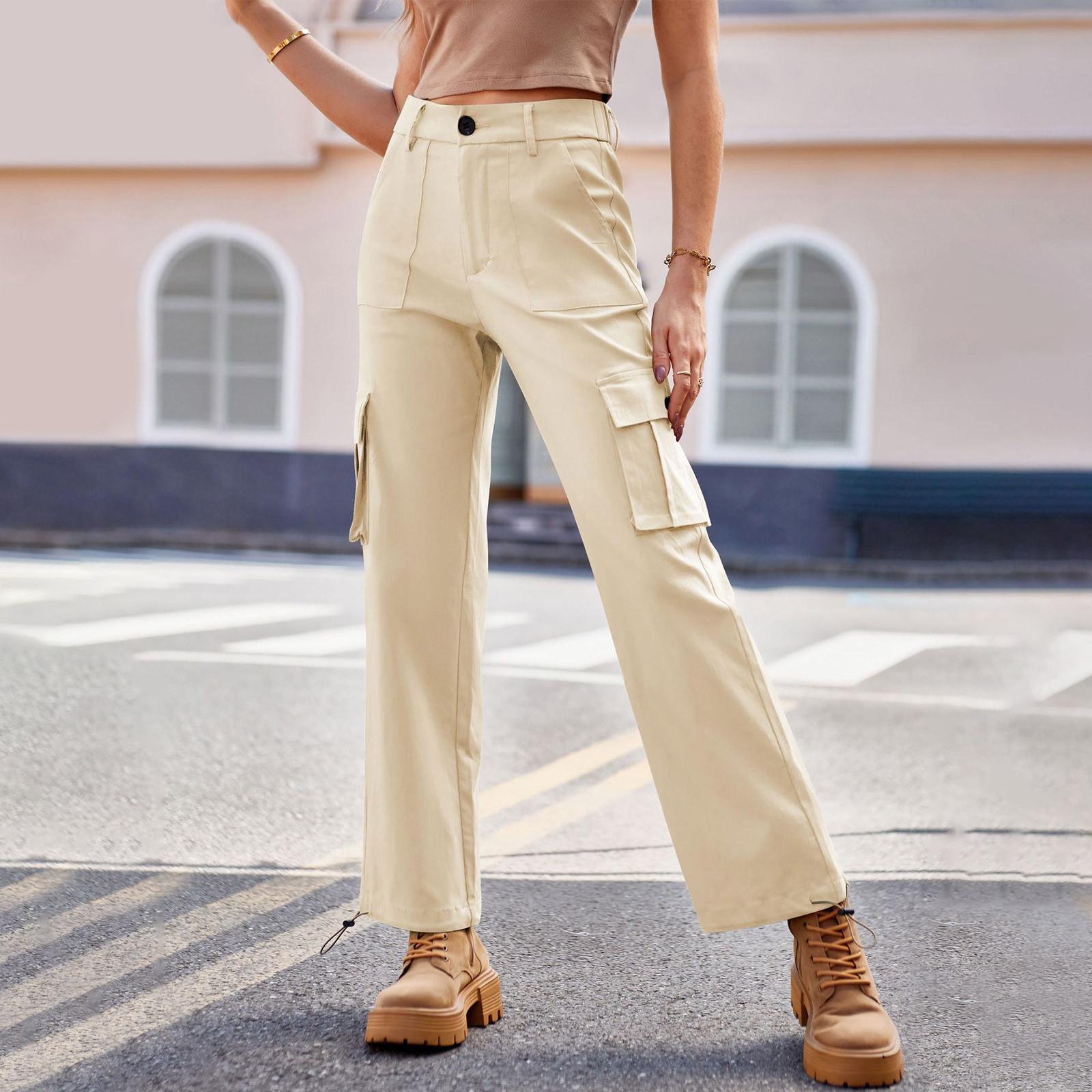 

Женские однотонные повседневные свободные прямые рабочие брюки с высокой талией и множеством карманов XS хаки