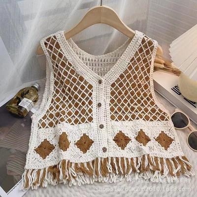 Retro Haken Blume Aushöhlen Gestrickte Weste Strickjacke für Frauen Im Herbst Locker und Vielseitig V-ausschnitt Kurze Top Trendy