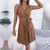 Chic Women's Summer Dress Cross V Neck Sleeveless High Waist Lace Up Solid Color Temperament Spring Fashion