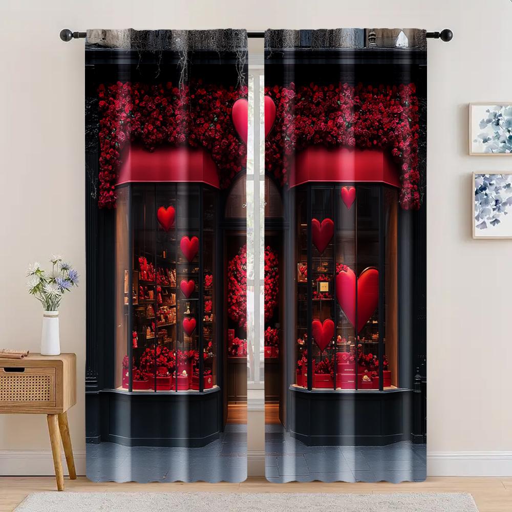 2pc,  Valentine's Day Window Treatment Curtains Romantic Confession Rose Fabric,Without Electricity Party Decorations Suitable