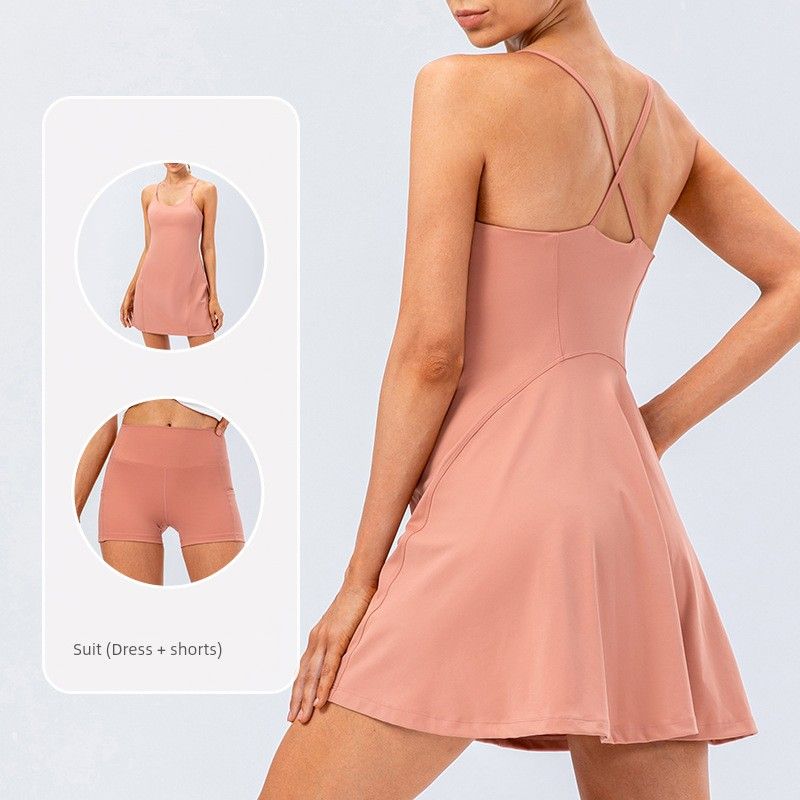 With Chest Pad Nude Feel Sling Yoga Tennis Skirt Stretch Quick-Drying Golf Exercise Skirt Pocket Fitness Two-piece Set Pack