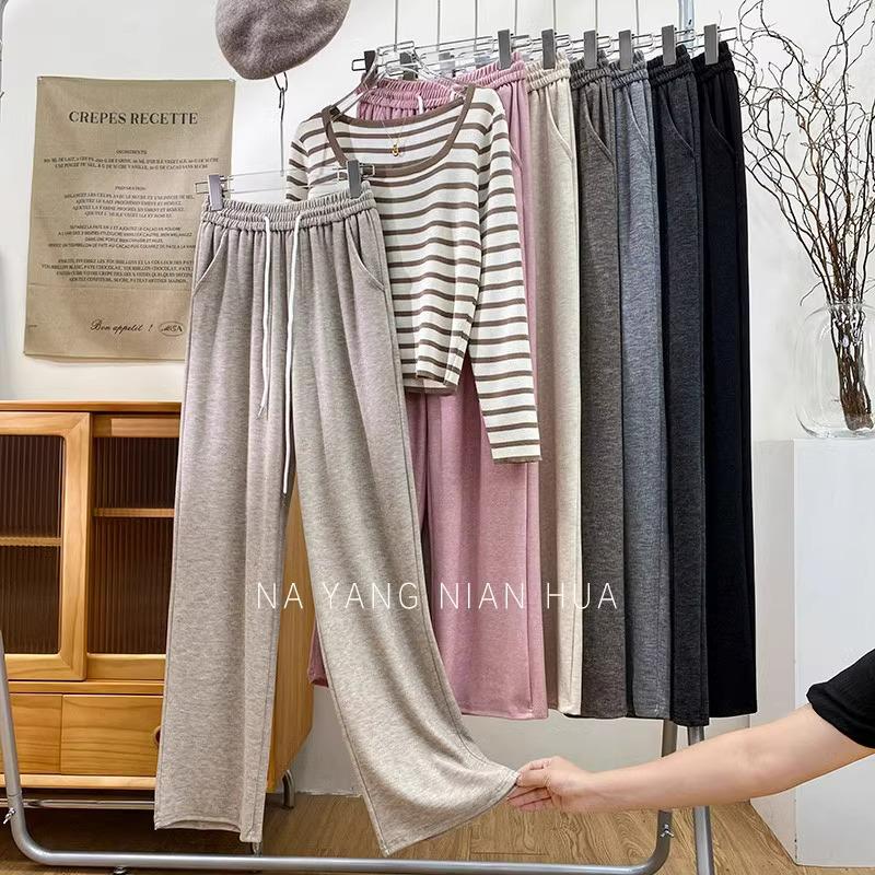 Women's High-Waisted Velvet Wide-Leg Pants - Petite Loose Fit, Floor-Length, Perfect for Spring and Autumn