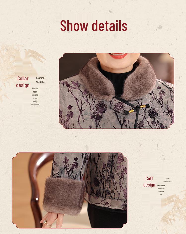Grandma Winter Faux Fur Coat - Thickened Velvet Lined Chinese Style for Elderly Women