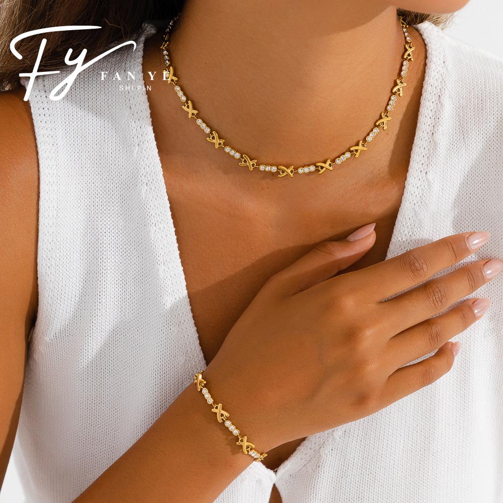 Luxurious X-Shaped Rhinestone Necklace & Full Diamond Stainless Steel Bracelet Set for Women