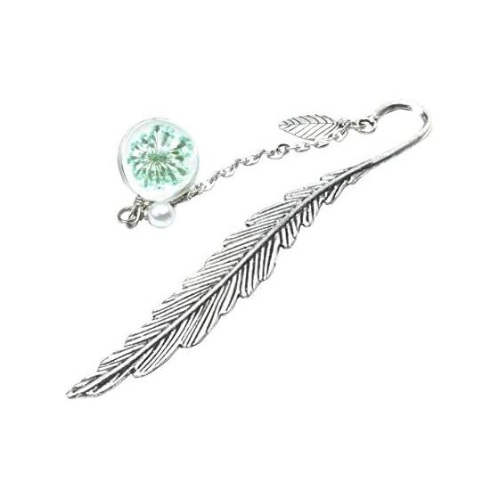 Preserve Bookmark Metal Dried Flower Charm Glass Sphere (Blue) - Delicate Firework-like Flower Design, Sparkles for Enjoyable Reading, Thin Feather