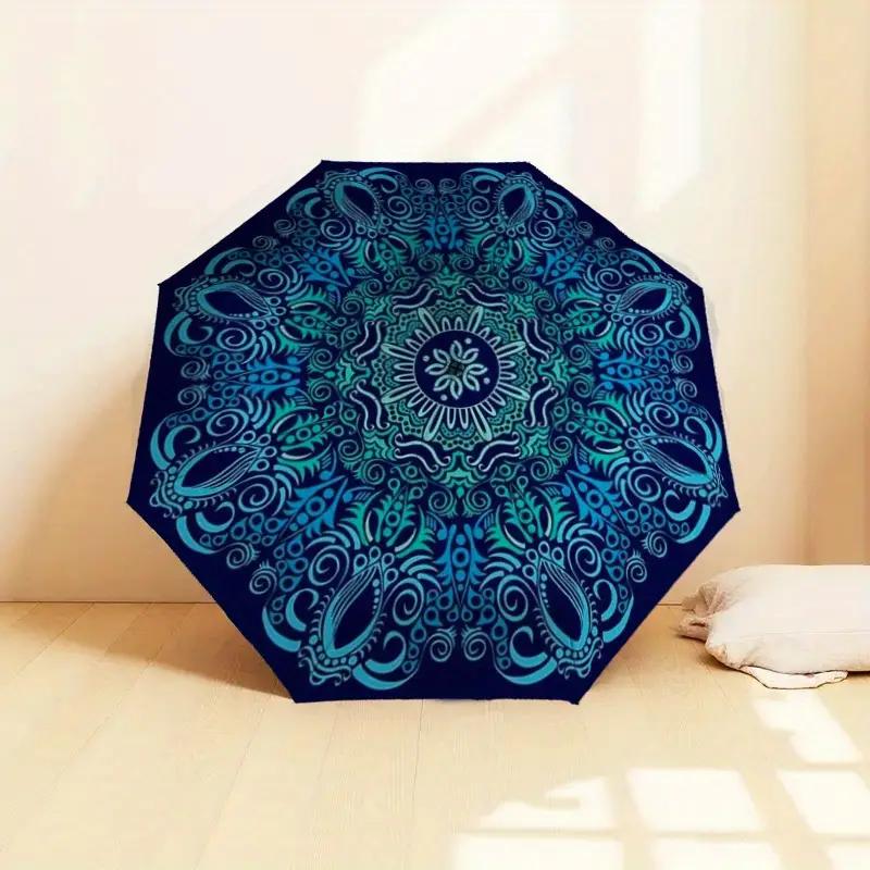 

1 Automatic Open/Close Umbrella with Mandala Swirl Red Blue Turquoise Floral Pattern, Compact Travel Umbrella, 8 Sturdy Ribs,