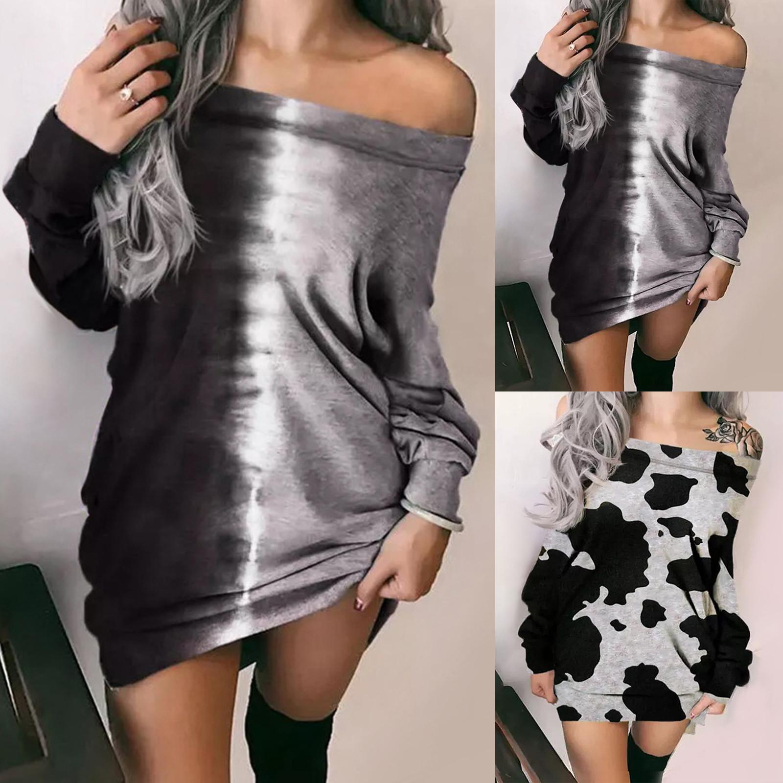 

Модное женское платье с длинным рукавом и принтом коровы, свитер с открытыми плечами, повседневное платье