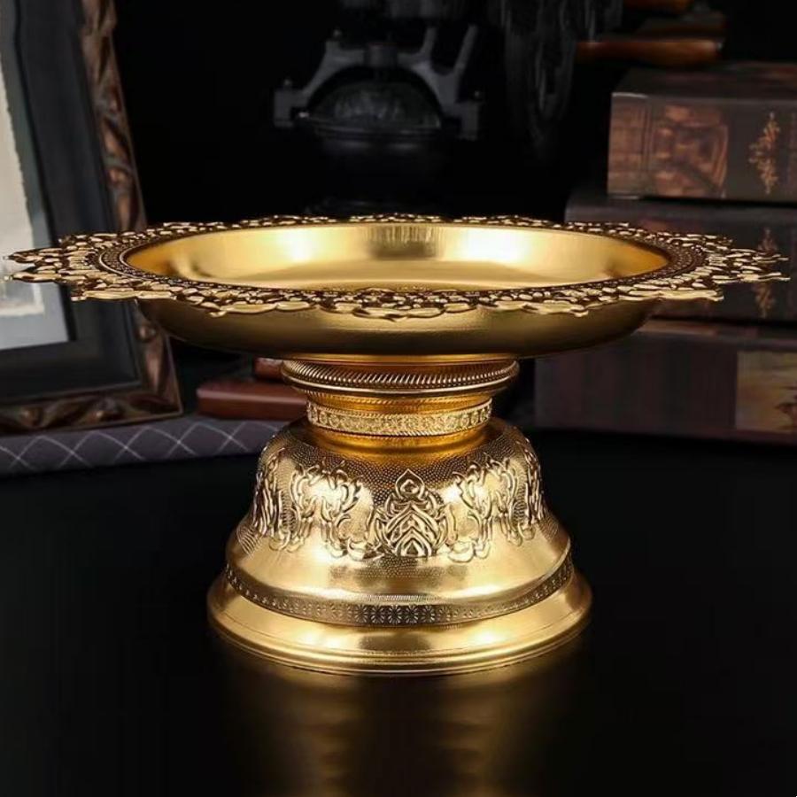 Buddhist-Style Fruit Tray,Alloy Auspicious Engraving Flower Shape Texture Home Cheese Food Plate,Altars Disc Table Decoration